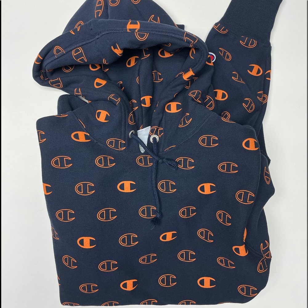 Champion hoodie men’s small navy blue with orange logo